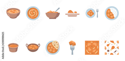A collection of flat design icons representing various Indian dishes, including curries, rice, and naan, in a warm orange and brown color palette.