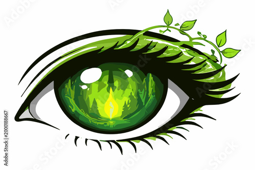 A fantasy female eye with a vivid green iris, decorated with lush green leaves and branches growing from the eyelid. Concept of nature magic and harmony.