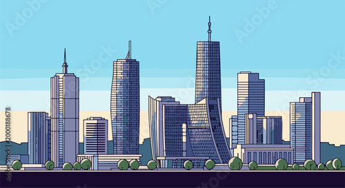 Pixelated cityscape with modern skyscrapers under a clear blue sky