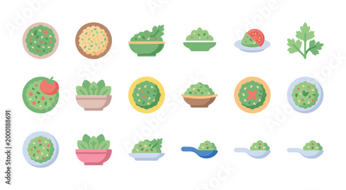 A flat design collection of various guacamole and avocado salad portions served in bowls, plates, and spoons, perfect for food apps and recipes.