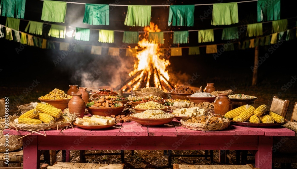 Obraz premium Traditional food on a rustic pink wooden table at a night festival for cultural celebrations, ethnic food marketing and harvest season events with a large bonfire