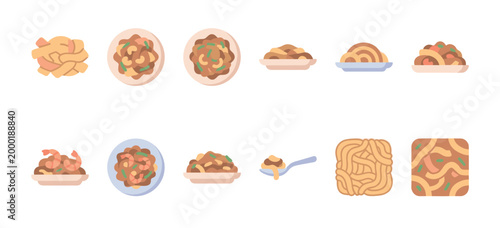 A collection of flat design vector icons representing various Asian dishes, including noodles, shrimp dishes, and stir-fries, isolated on a white background.