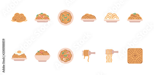 A collection of flat design icons featuring various noodle dishes, including spaghetti, ramen, and forks with noodles, against a white background.