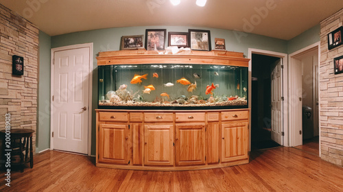 A long panoramic home fish tank