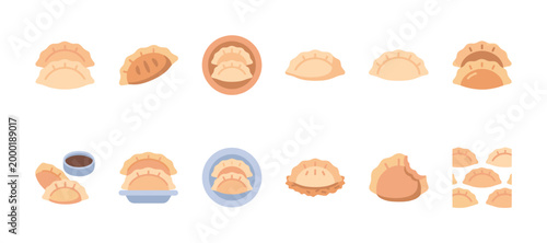 A set of cute flat design illustrations featuring various dumplings, including some in bamboo steamers and a dipping sauce, perfect for culinary graphics.