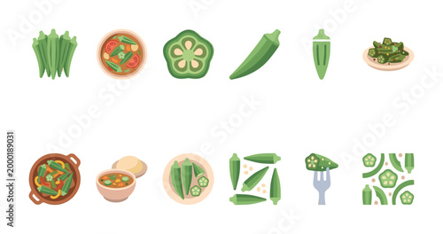 A vibrant flat design illustration collection showcases okra in various forms, from whole pods and sliced pieces to a steaming curry dish, perfect for culinary themes.