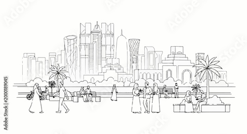 Sketch of a city skyline with people enjoying a park with palm trees