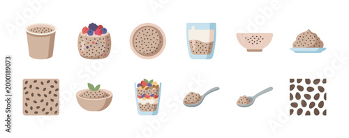 Flat vector illustration set of healthy food icons including parfaits, smoothies, bowls, spoons, and a seamless pattern, perfect for health food blogs and recipes.