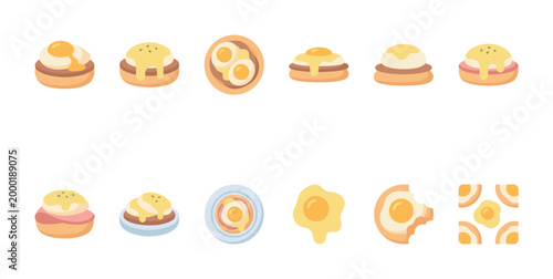 A collection of colorful flat illustration icons featuring various breakfast dishes like eggs benedict, fried eggs, and hollandaise sauce on a white background.