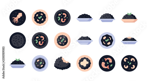 A collection of flat design icons featuring black rice dishes with squid, shrimp, and garnishes, perfect for illustrating culinary themes and healthy eating.