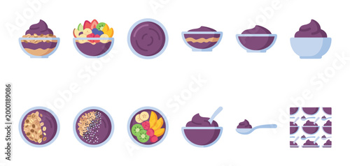 Flat illustration collection of acai bowls featuring fruits, granola, and a spoon, in a variety of styles and a seamless pattern, perfect for healthy eating and food blogs.
