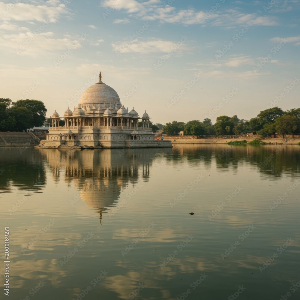 Obraz premium Ancient stone temple dome reflected in the calm green water of a river for cultural heritage tourism, travel guide editorial and spiritual meditation background
