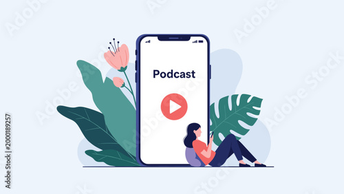 Young woman sitting by a giant smartphone and listening to a podcast on a mobile application surrounded by plants.