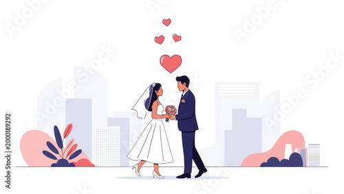 Newlywed bride and groom standing together in a wedding ceremony with city buildings and hearts in the background.