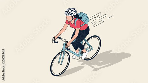 Young woman in a helmet riding a bicycle fast with a backpack for urban commuting and active outdoor sports themes.