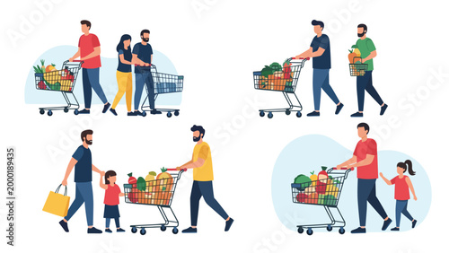 Collection of various people and families shopping with carts at a grocery store for retail and lifestyle themes.