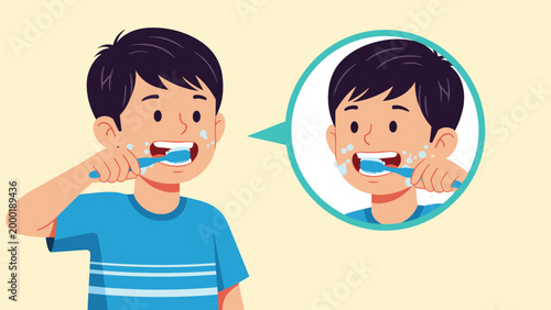 Young boy brushing his teeth in front of a mirror to maintain good oral hygiene and healthy dental habits every day.