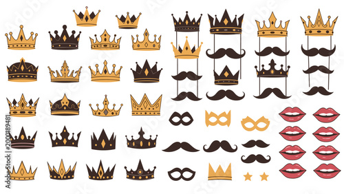 Large set of party photo booth props including crowns, mustaches, lips, and masks in various colors and styles.