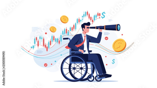 Successful businessman in a wheelchair uses a telescope to observe rising stock market trends and financial growth icons on a white background.