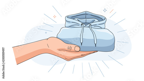Person holds a neatly folded light blue hoodie in their open palm against a simple background with subtle decorative lines and stars.