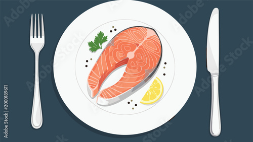 Delicious grilled salmon steak is served on a white plate with a sprig of parsley, lemon wedge, and black peppercorns on a dark table.