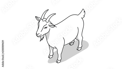 Simple line drawing of a goat with horns stands in profile showing its slender body and beard in a minimalist and clean illustration style.