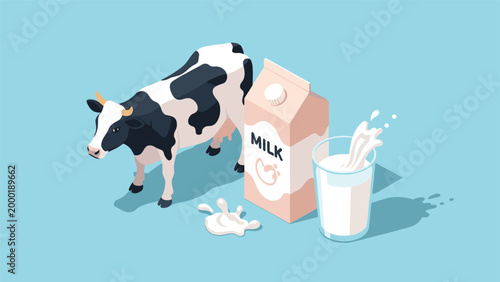 Black and white dairy cow stands next to a carton of milk and a splashing glass of fresh milk on a light blue background for dairy themes.