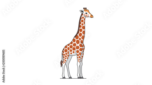 Tall giraffe with a distinctive orange and white spotted pattern stands in profile against a clean white background in this animal illustration.