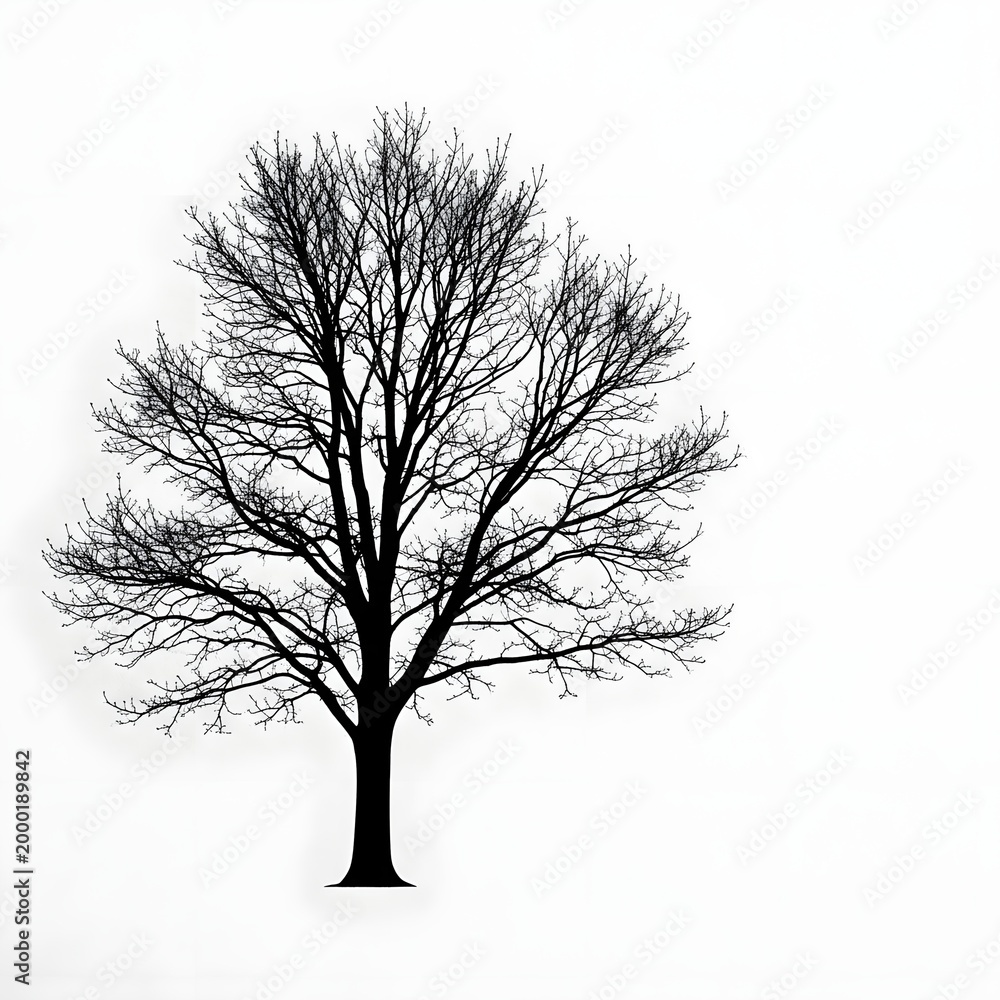 Obraz premium Silhouette of a bare tree with intricate branches against a stark white background, emphasizing its delicate winter form.