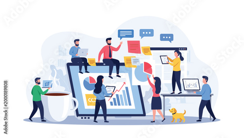 Diverse group of tiny people works around a large digital tablet screen to analyze business data and financial growth charts together.