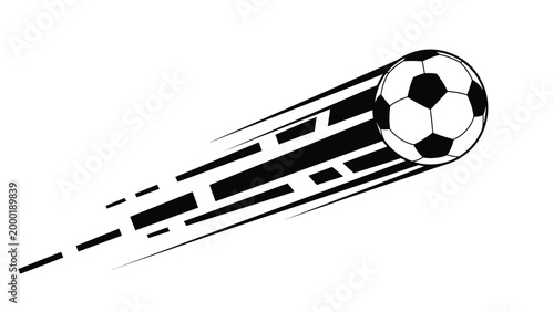 Black and white soccer ball flying through the air with fast motion speed lines indicating a powerful kick or goal on white background.