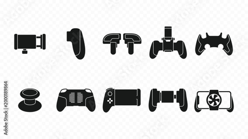 Solid black icon set of gaming controllers and console gamepads for video game entertainment and play