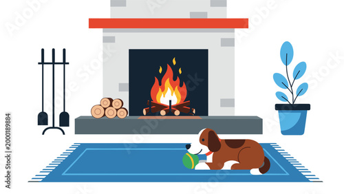 Cozy living room scene featuring a brown and white dog lying on a blue rug in front of a warm glowing fireplace with logs.