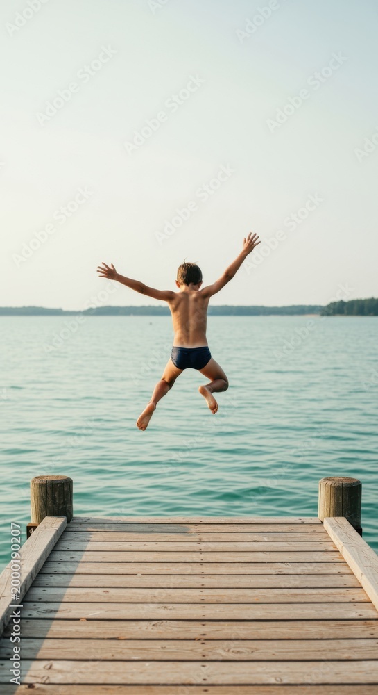 Fototapeta premium Calm blue lake water with a boy jumping from a wooden dock for youth adventure brands, summer camp promotion and travel advertising featuring copy space