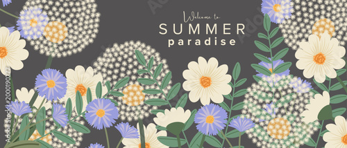 Summer flowers background, hello summer banner, summer paradise cover, floral card