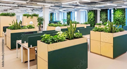 Modern Office Interior Featuring Green Plant Dividers and Natural Light for Workplace Branding Office