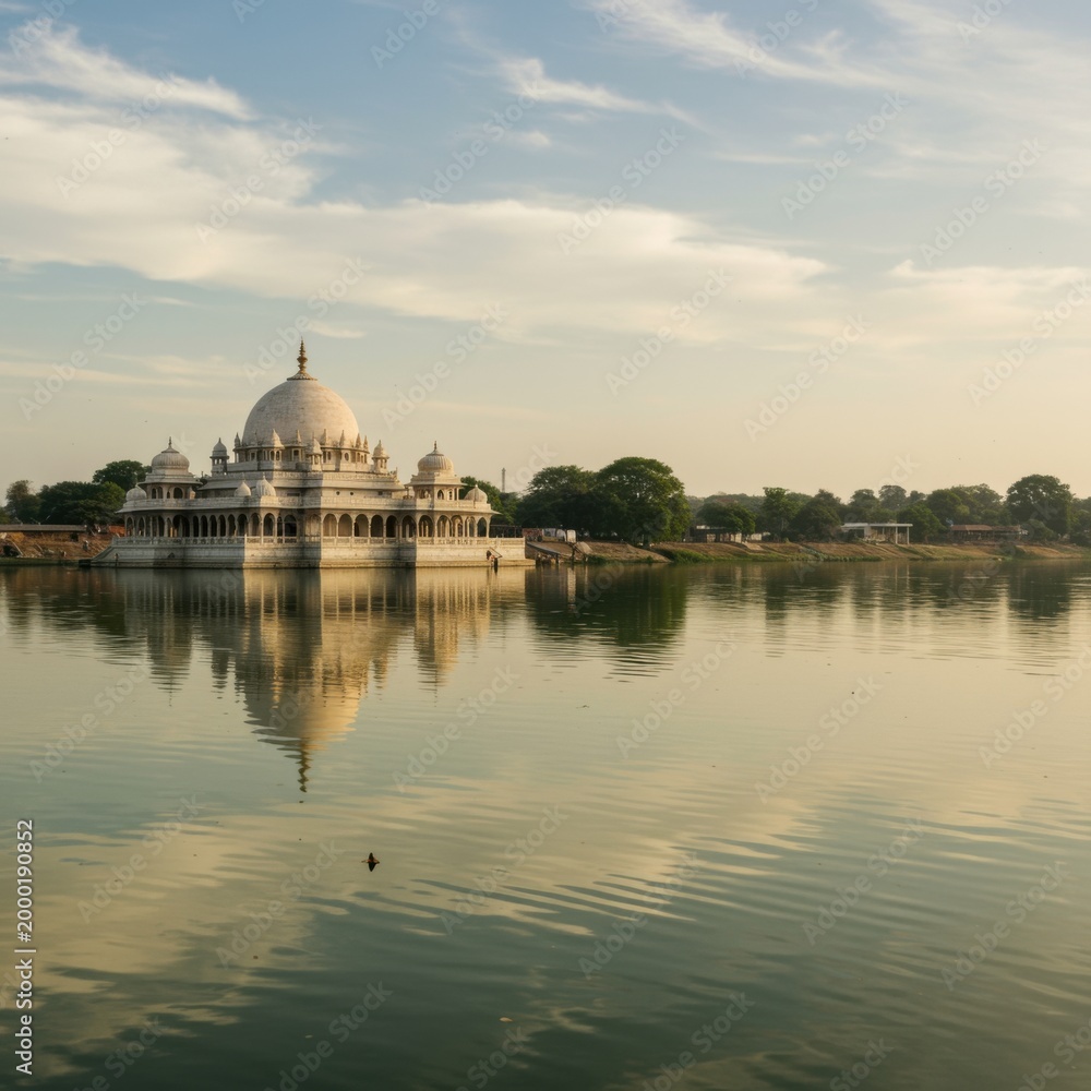 Obraz premium Rippling surface of a wide river reflecting a domed temple structure under a blue sky for travel guide, cultural heritage and peaceful nature background