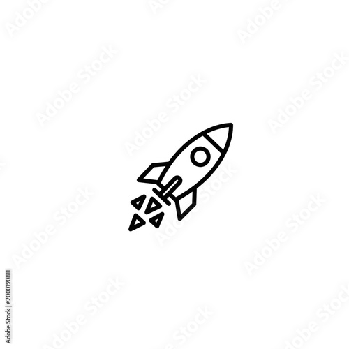 Minimalist outline icon of a rocket ship taking off with engine exhaust