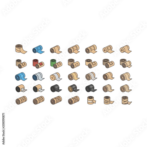 Collection of decorative fabric and textile roll icons with material, colorful
