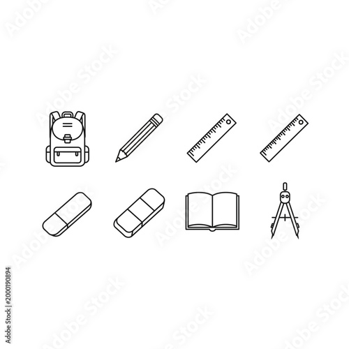 Stationery and academic tools set line art icons with stationery, academic
