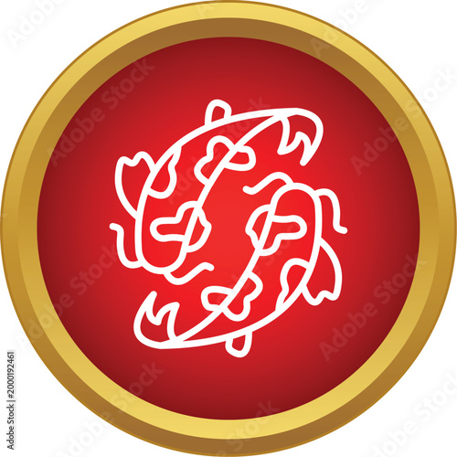 Red circular icon with white outline of two koi fish forming a yin yang symbol