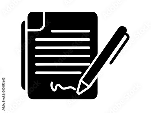 Document with Pen Filled Silhouette Icon Vector Flat Illustration Design