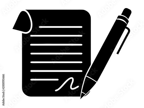 Document with Pen Filled Silhouette Icon Vector Flat Illustration Design