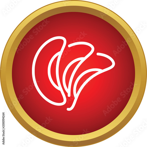 Shrimp icon in simple outlining style on red circular button with gold frame
