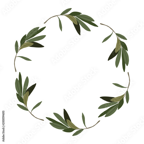 Minimalist circular frame featuring thin olive branches and leaves. Delicate hand drawn sketch style for minimalist branding, stationery, and eco conscious design projects