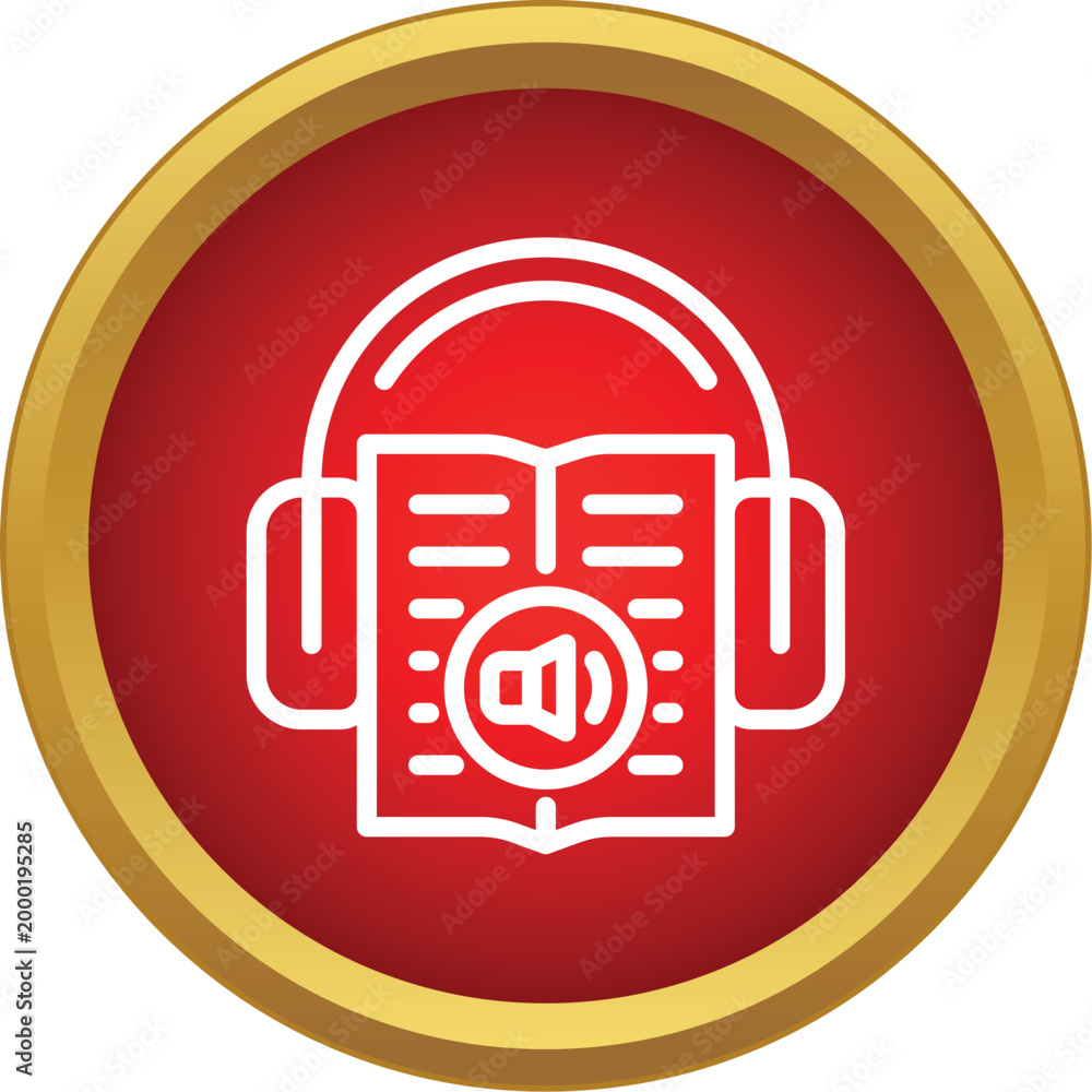 Fototapeta premium Headphones covering an open book with a speaker icon symbolizing audio learning