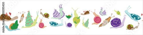 Seamless horizontal border with cute whimsical snails in various themes