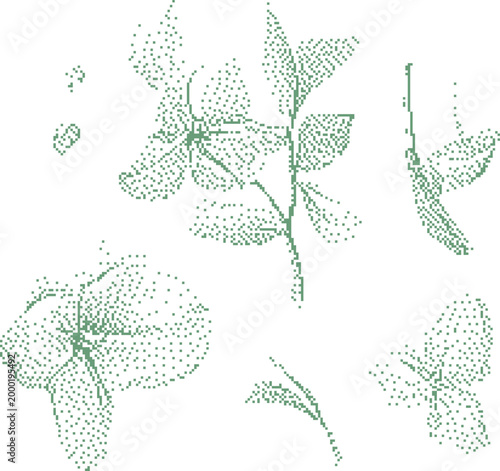 Konstfotografi Delicate green soybean leaves and pods in a minimalist dotted illustration style