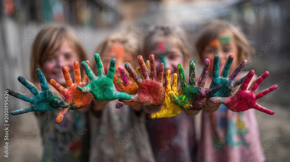 Naklejka premium Children Showing Painted Hands Outdoors
