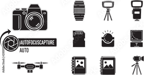 Black and white of equipment and accessories camera lens flash tripod memory card